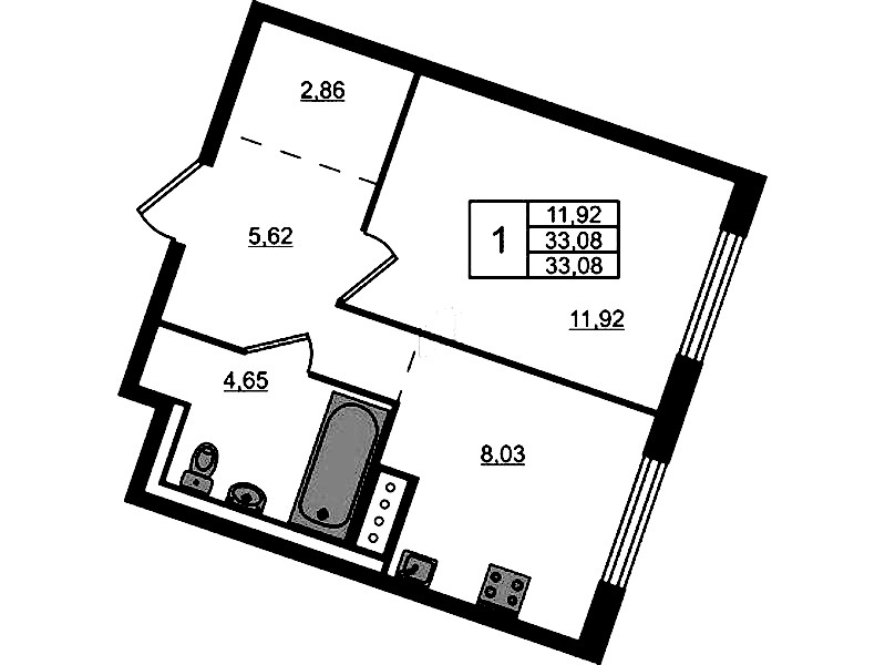 1-комнатная квартира 33.08 м², 9/9 эт., ЖК «Квартал Лаголово»
